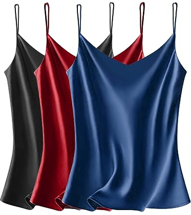VIDUSSA Womens Silky Satin Vest Tops Pack V Neck Spaghetti Strap Loose Sleeveless Cami Tank Shirt Blouses