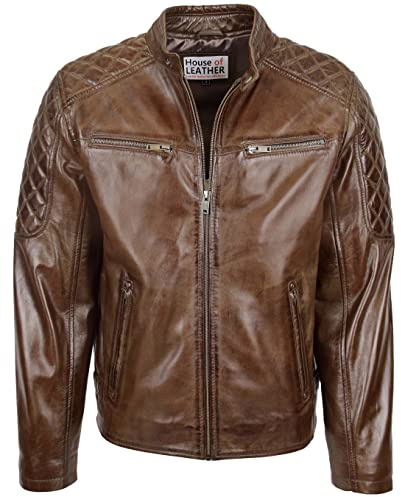 Chaqueta de motociclista de cuero real para hombre con detalles Jackson, marrón, S