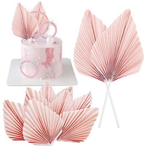 Wieat Lot de 8 décorations de gâteau d'anniversaire en papier rose en forme d'éventail de palmier, feuilles de palmier et feuilles de lance pour décoration de gâteaux, loisirs créatifs, fête