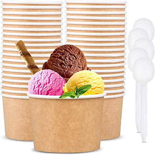 LATERN 50 Stück Eisbecher aus Papier mit 50 Stück Löffel, 12oz /360ml Einweg Servierschalen aus Papier für Warme und Kalte Speisen Suppe Eisbecher Gefrorener Joghurt Dessert (Braun)