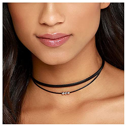 Inilbran Boho Geschichtetes Lederseil Halskette Choker Schwarzes Leder Cord Choker Halskette Gothic Leder Wildleder Halskette Kette Kurz Schwarzes Halsband Halskette Schmuck Für Frauen Und Mädchen