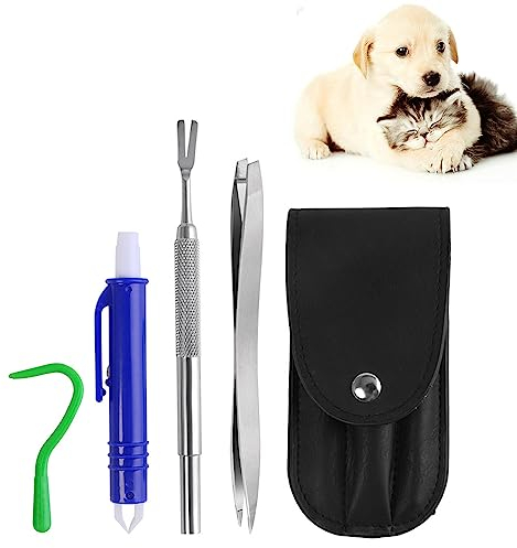 JOYOLA 5 In 1 Zeckenzange Set, Mit Etui Zeckenzange für Hunde Zeckenhaken Zeckenkarte, Komplettset Zum Entfernen Von Zecken für Katzen,Hunde, Pferde zu bedienende Zeckenzange