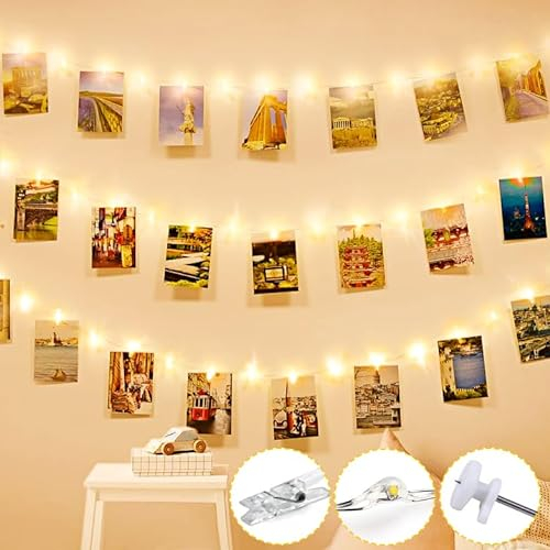 Luci LED Camera da Letto Per Foto, 3M 30LED Catena Luminosa a LED con 15 Clips Lampada da Fata Impermeabile Appesa in Camera, Applica a Regalo Ragazza, Decorazioni Festa, Matrimonio(bianco caldo)