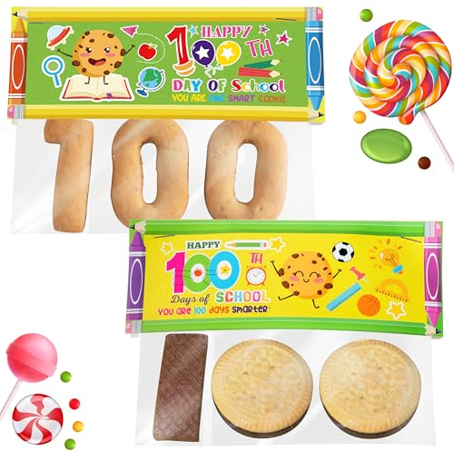 K1tpde 46 Pack Happy 100th Days of School Treat Bag Toppers and Cards Set 100th Days School Self Adhesive Goodies Baking Wrapping Bags with Greeting Card for Kids DIY Exchange Gifts, Colorful