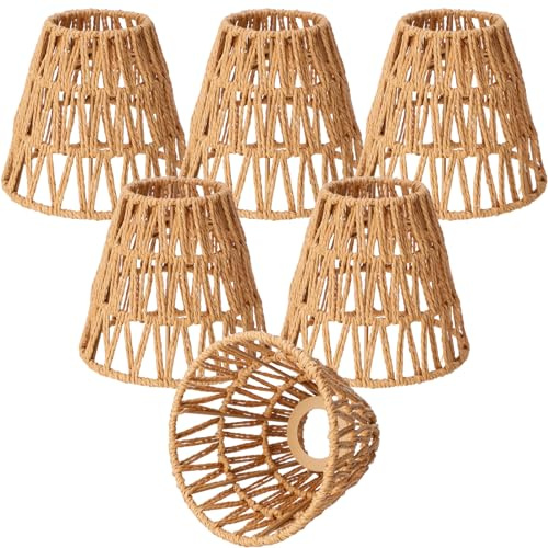 Tujoe Small Rattan Bell Lamp Shade Boho Handwoven Barrel Rattan Chandelier Shades Replacement for Table Floor Lamp Pendant Light Fixtures, 5.5 H x 5.9 D, 2.76 Fitter(6 Pcs,Boho,Normal)