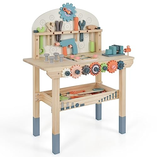 GOPLUS Kinder Werkzeugbank, Spielwerkbank aus Holz mit magnetischem Werkzeughalter, Arbeitsplatte & unterer Ablage, Kinderwerkbank mit reichhaltigem Zubehör und Werkzeug für Kinder ab 3
