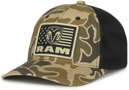 Ram Trucks Dodge Ram Camo Hunting Hat – Mid Profile Structured Baseball Cap with Woven Logo Patch, Adjustable Snapback, One Size