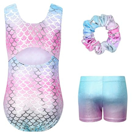 JiAmy Gymnastics Leotards for Girls, Sleeveless Sparkly Dance Biketards with Shorts Ballet Tumbling Outfit Colorful Mermaid 9-10 years