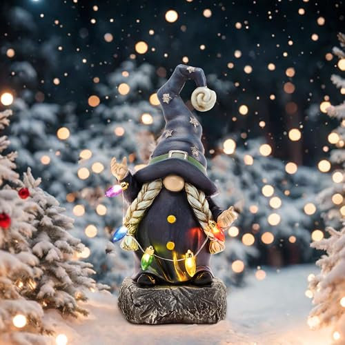 TERESA'S COLLECTIONS Weihnachten deko, Gartendeko für Draußen, Weihnachtsdeko mit LED-Lichterkette, Blaue Christmas Deko aus Kunstharz, Gartendeko, Rote Weihnachtswichtel, 22cm