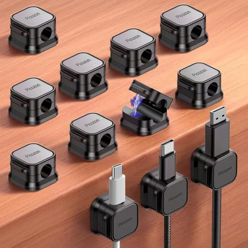 12-pack Magnetisk Kabelklämma Organizer, Picozon Adhesiv Kabelhantering, Tråd Telefon USB Laddkabel Hållare Organizer för Bil, Kontor Hemma Skrivbord, Vägg, Nattduksbord - Svart