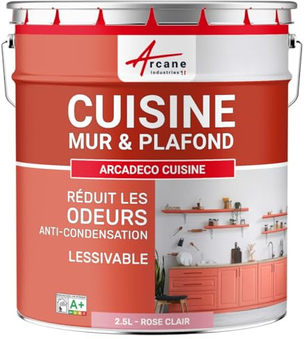 ARCANE INDUSTRIES Peinture cusine lessivable Mur et Plafond | Peinture Anti Odeur & pièce Humide | 29 Couleurs Disponibles : Arcadéco Cuisine - 2.5 L Rose Clair - RAL 3015