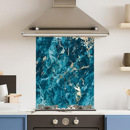 Toughened 6mm Glass Kitchen Splashback 60 x 75cm Dark Blue Gold Marble Polished Heat Resistant Back Splash for Cookers Hob