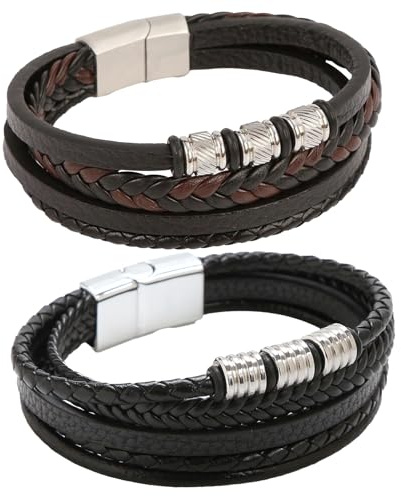 TYXHXTF 2 Pcs Pulsera de Cuero para Hombre, Regalo, Brazalete Trenzado (Negro, Marrón)