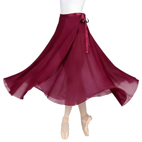 Baisdan Women Ballet Wrap Skirt Chiffon Sheer Long Ballet Dance Skirt Dancewear Deep Red
