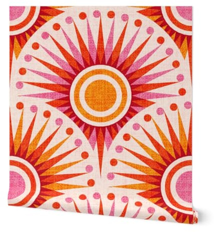 Spoonflower Peel & Stick Wallpaper Swatch - Retro Orange Sun Boho Pink Red Yellow Sunset Sunrise Large Scale Custom Removable Wallpaper