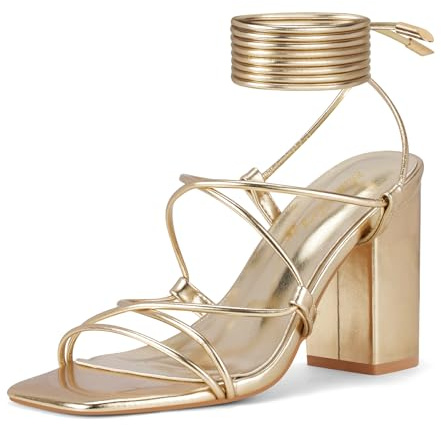 Zhabtuc Sandales à lanières et à talons épais et bout carré de 8 cm Sandales à lacets à talons bas pour femmes Chaussures de mariage, or, 42 EU