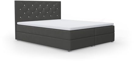 FurniDe24 Boxspringbett mit 2 Bettkästen und Taschenfederkernmatratze H3, Bett mit Zierknöpfen am Kopfteil, Topper-Matratze 3cm, verstärkter Rahmen, dunkelgrau Plüsch, 180x200cm - Fano