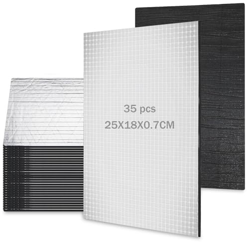 DAJAVE 35 pezzi di Pannelli Isolanti Tagliati 25X18X0.7CM Isolante Termico Alto, Acustico Foglio AlluminioInsonorizzazione AutoKit Isolante Termico Alta Temperatura, Insonorizzazione Auto