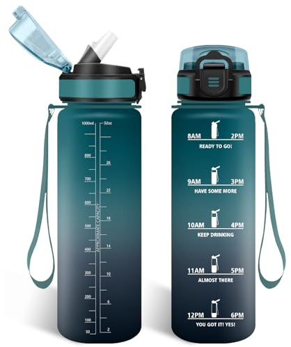 HoneyHolly Botella Agua 1 Litro, Libre de BPA & Prueba de Fugas, Botella de Agua, con Pajita, Water Bottle, con Marcador de Tiempo, Cantimplora para Sport, Bicicleta, Gimnasio, Escuela