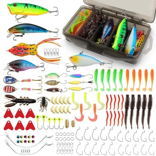 DXLing 130 Pezzi set di esche da pesca per luccio, trota, luccioperca, pesce persico Universal Mixed Fishing Lure Set with Tool Box