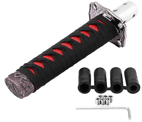 Juqrelith Levier De Vitesse Universel Style Épée Japonaise, Poignée Anti - Dérapante En Acier Au Carbone Noir Rouge, Avec 4 Adaptateurs - Design Rétro Unique, Installation Facile, Pour