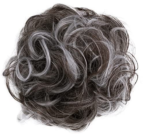 CAISHA Scrunchie Haarteil Haargummi Dutt Haarverdichtung Groß Emilia Gewellt Unordentlich DM15cm Braun Grau Mix G25E
