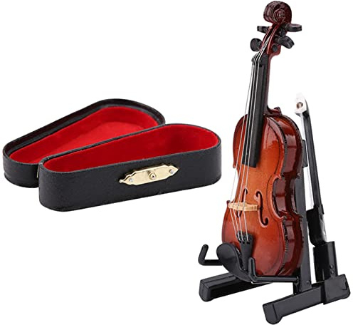 Modèle Miniature de Violon en Bois, 8x3x0.8cm, avec Support et Étui Noir, Décoration de Maison, Accessoire pour Maison de Poupée