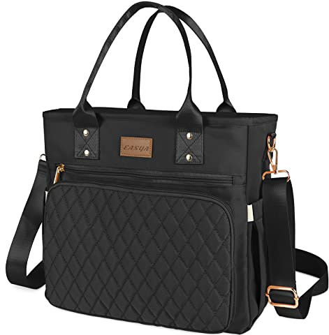 EASYA Large Insulated Lunch Bag for Work, Women's Nylon Thermal Lunch Box, Leakproof Cooler Tote Bag with Storage Pocket (Black)