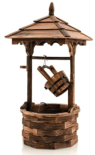 Giantex Rustic Wishing Well Fountain, Outdoor Wooden Water Fountain with Electric Pump, 5 Adjustable Water Flow Rates, Water Bucket, Freestanding Decorative Wishing Well for Backyard Patio Garden