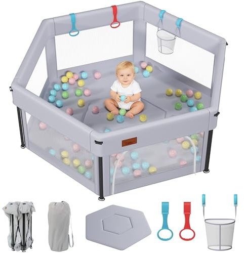 EAQ Baby Playpen Foldable, Playpen for Baby and Toddlers with Breathable Mesh Walls Fitted mat for Indoor and Outdoor