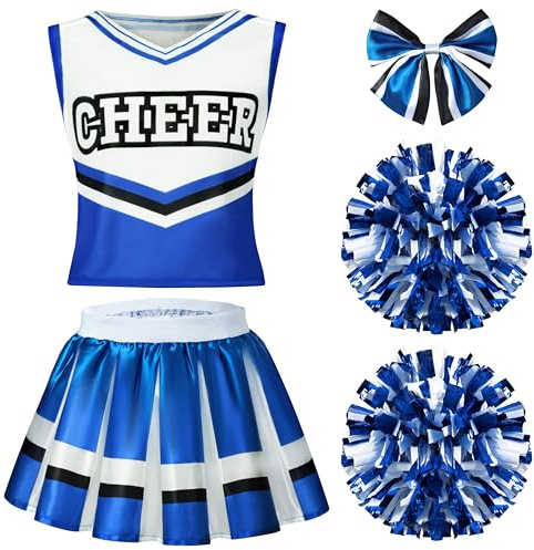 Spooktacular Creations Cheerleader Costume for Girls, Cute Cheerleading Outfit, Blue and White Cheer Uniform for Halloween Dress Up and Role-Playing-M