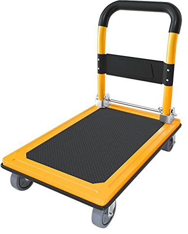 Auveach Chariot à plate-forme chariot transporteur pliable portée 300 kg 77 x 50 cm revêtement antidérapant avec 360 ° roues silencieuses (jaune)