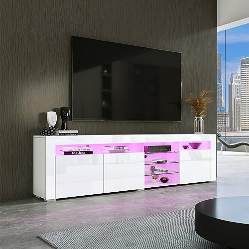 Modern TV Stand for Living Room with LED Lights 3 Doors Storage, High Gloss White TV Stand, TV Entertainment Center for Home Furniture, Television Stands 180cm
