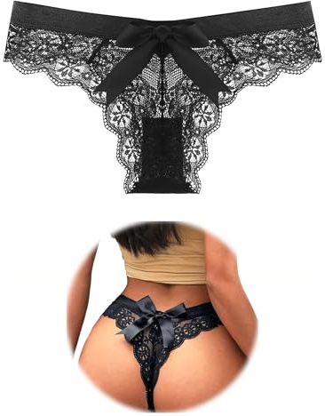 FULLJOYLOVE Women's Sexy Lace Panties Bowknot Thongs Ladies Plus Size Underwear Cheeky Tanga Low Rise Floral Lace Knicker See Through Hipster Bikini Briefs Breathable G-String Black