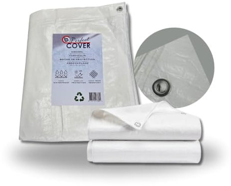 Cover Lona Impermeable 6x10m / 150g/m² - Lona de protección con Ojales - para Muebles de jardín, Piscina, Coche, Caravana, Resistente a los Rayos UV, Resistente a los desgarros (Blanco)