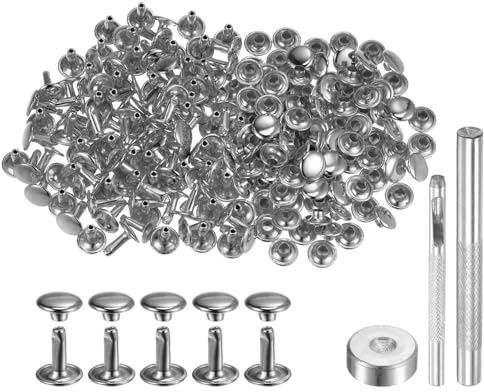 QUARKZMAN 100 stycken 10 x 9 mm lädernitar, rund dubbelkåpa, tubulär metall ihåliga nitar med verktyg, tillbehör backnitar för håltång bälte dekoration kläder gör-det-själv hantverk (silver)