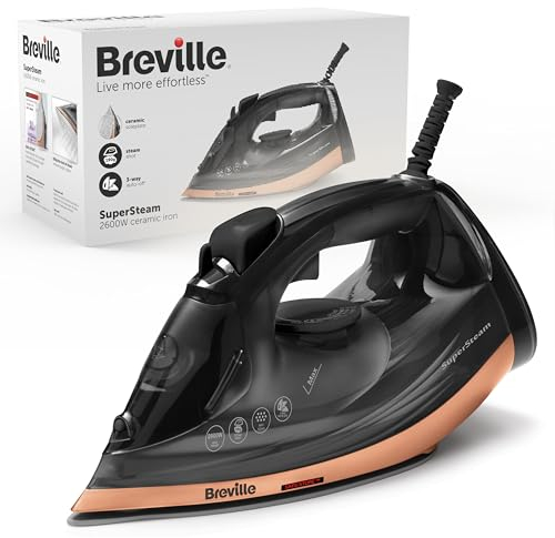 Breville SuperSteam Steam Iron | 2600 W | 190g/min Steam Shot | Smooth Ceramic Soleplate | 300 ml Water Tank | 2m Cord with 360° Action | Black & Copper | VIN442