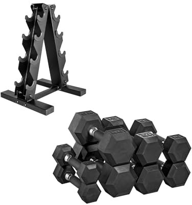 CAP Barbell 100 lb Rubber Coated Hex Dumbbell Set with Vertical Rack, Space-Saving A-Frame Storage, for Home Gym Strength Training, Comfort Grip, Black Rack
