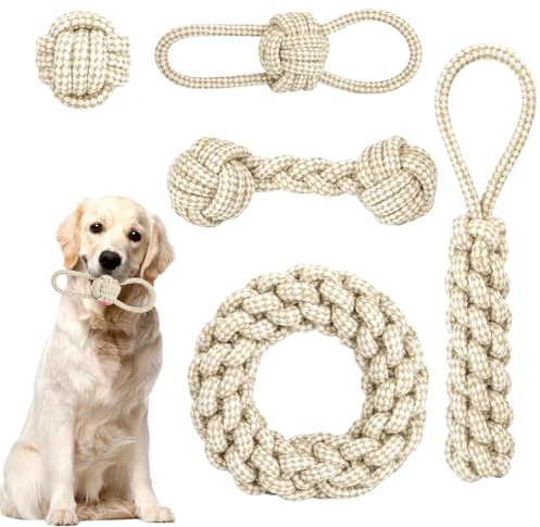 PIWOSGOL 5 Stück Hunde Kauspielzeug Seil, Geflochtene Hundeseile Spielzeug aus Baumwolle & Hanf, Hundespielzeuge Set, Interaktives Kauspielzeug für Welpen, Kleine, Mittelgroße Hunde