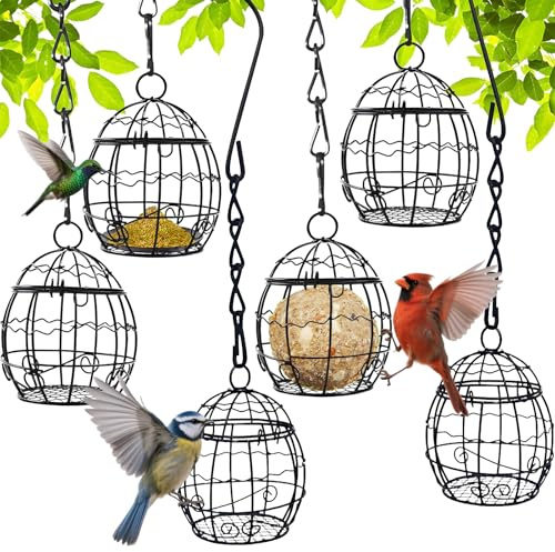 Lot de 6 supports de boules de graisse pour mésanges station de nourriture pour oiseaux, supports de boules de graisse pour mésanges à suspendre, distributeur de nourriture oiseaux, mangeoires pour