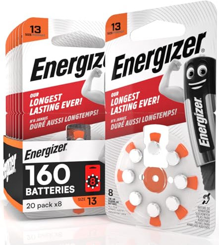 160 pilas acústicas Energizer para audífonos tamaño 13 naranja sin mercurio – 20 paquetes de 8 pilas