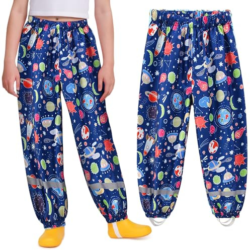 Domueay Pantalon Impermeable Niño Pantalón de Lluvia Transpirable Pantalón Barro Reflectante 5-6 años, Azul Oscuro