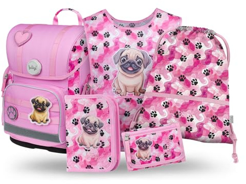 Baagl Cartable garçon fille ensemble 5 pièces (sac d'école Ergo pour 1ère classe, trousse, sac de gym, tablier, sac de poitrine), cartable d'école primaire, sac à dos d'école ergonomique, 19 l, Pattes