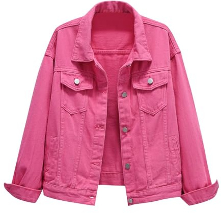 IQYU jeansjacka dam oversize kort – sommarjacka dam lätt stora storlekar övergångsjacka långärmad damjeansjackor denimjacka vintage skjortjacka vår jacka jeansjackor Blouson jacka, Het rosa, 3XL