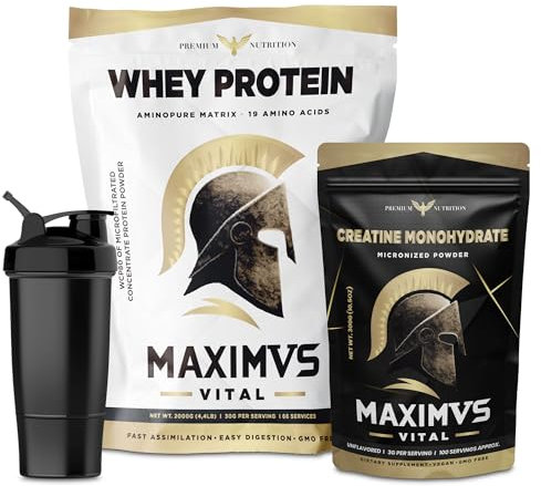 Proteinas Whey MAXIMUS VITAL 2kg Chocolate Cookies + Creatina 300g + Shaker de Regalo | Pack Todo en Uno +2 Meses Entrenamiento | Energía, Rendimiento, Recuperación | Cremosa y Deliciosa