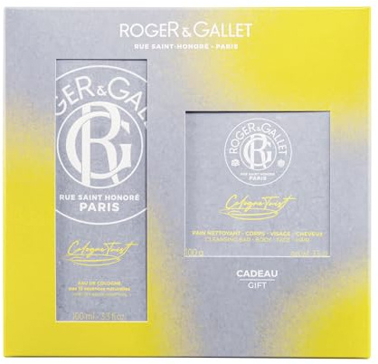 Roger & Gallet - Coffret Cologne Twist - Eau de Cologne 100ml + Pain Nettoyant 3-en-1 100g Offert - Vivifiant aux Agrumes, Aromates & Bois Blancs - Cadeau Homme