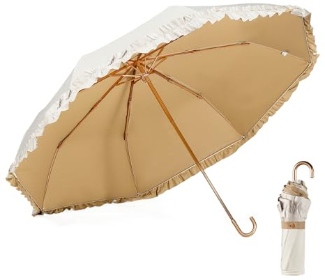 LCY Floral Edge Folding Umbrella Anti-UV Parasol with Hook Handle Sunproof Rainproof & Windproof Umbrella-White&Khaki