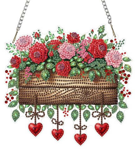 NEWENMO Belle Rose Diamond Painting Pendente,5D Pittura a Diamante Pendant Ornament Kits,Forma Speciale Diamond Painting Ciondolo,DIY Diamantini Crystal Art Pendente per Decorazione Porta Parete