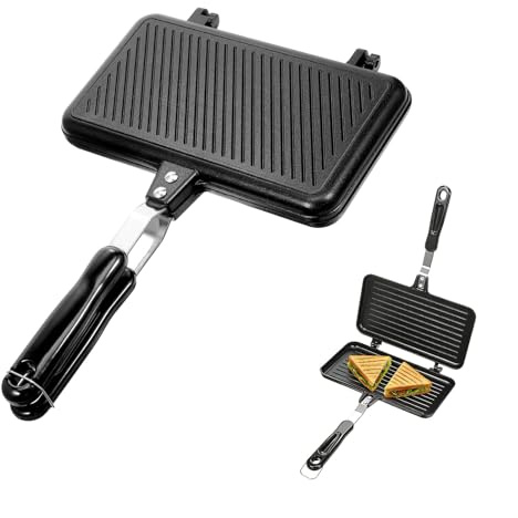 Dubbelsidig campingstekpanna smörgåsgrill i aluminium, brödrost och smörgåsbrödrost, hopfällbart våffeljärn för utomhus, grill och campingkök, mångsidig hopfällbar brödrost för smörgåsar