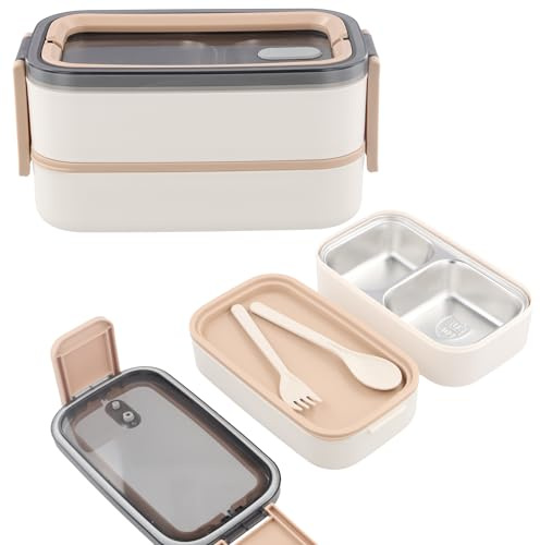 Fiambrera Bento de Acero Inoxidable,2 Niveles con Compartimentos,Fiambrera para Adultos,Libre de BPA,Caja de Almuerzo de Acero Inoxidable 304 Ecológica,A Prueba de Fugas,Apta para Microondas